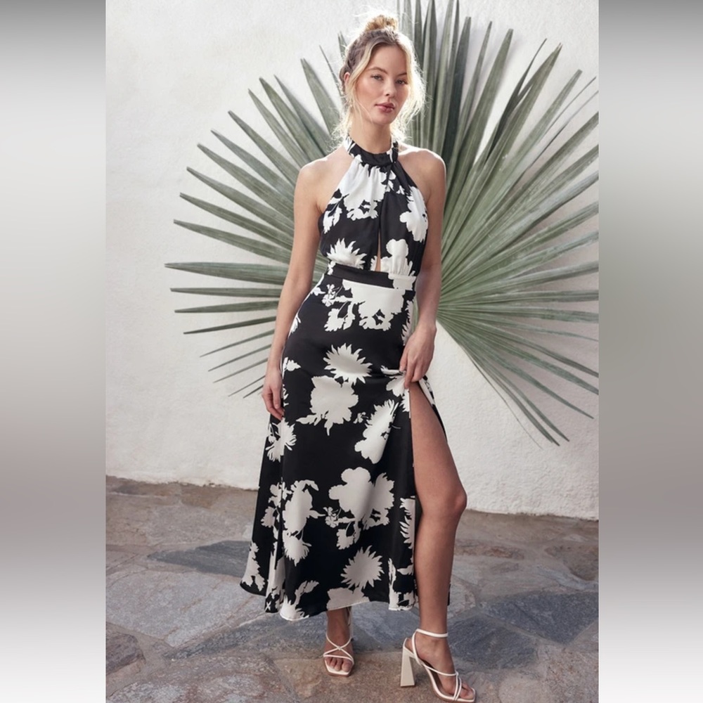 Instantly Chic Black and White Floral Satin Halter Maxi Dress